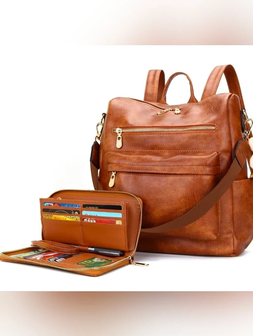 Soperwillton NWOT Brown Faux-Leather Women's Backpack with Matching Wallet.